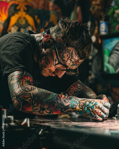 A vibrant, dynamic shot showcasing a tattoo artist at work on a client, creating a personalized design that seamlessly integrates with the individual's body. The use of bold colors and fine details