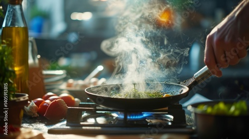 A vibrant kitchen scene capturing the steam rising from a sizzling pan of garlic-infused olive oil, as a chef prepares a delicious dish. The dynamic composition conveys the energy and excitement 