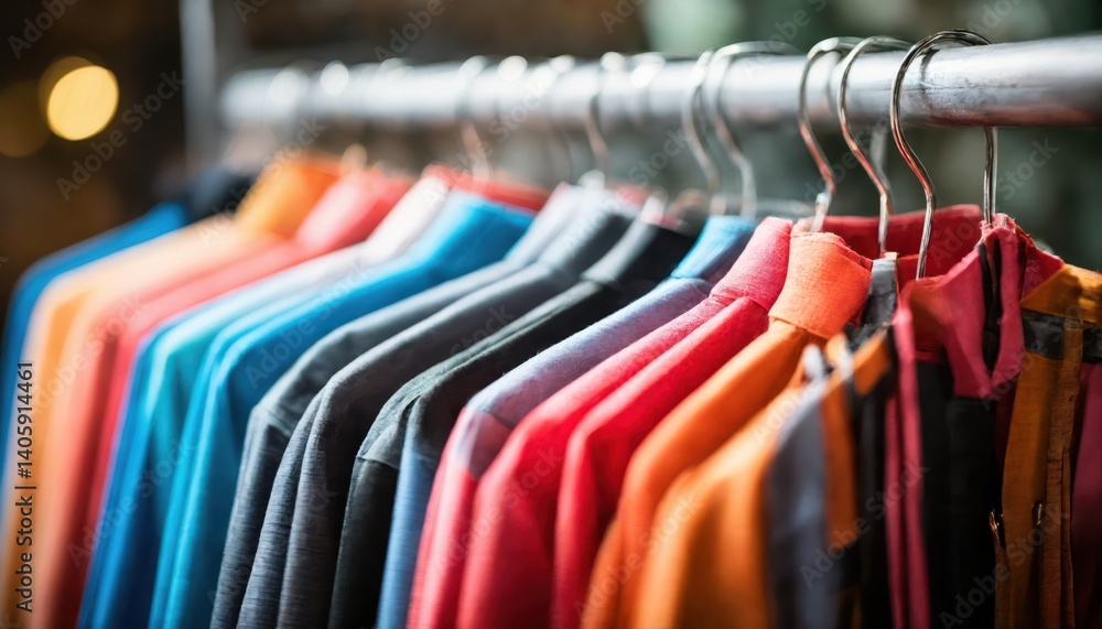 Neatly arranged row of clothing hangers on rack with selective focus creating depth Neatly arranged row of clothing hangers on rack with selective focus creating depth