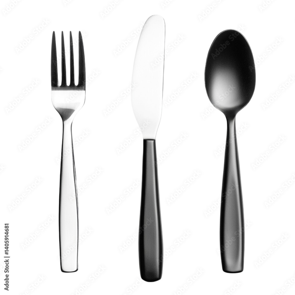 Silver fork knife and black spoon isolated on black background Silver fork knife and black spoon isolated on black background