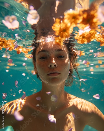 A vibrant underwater photo of a woman gracefully immersed in a crystal-clear pool surrounded by floating flower petals. The play of sunlight creates mesmerizing patterns on her glistening skin.