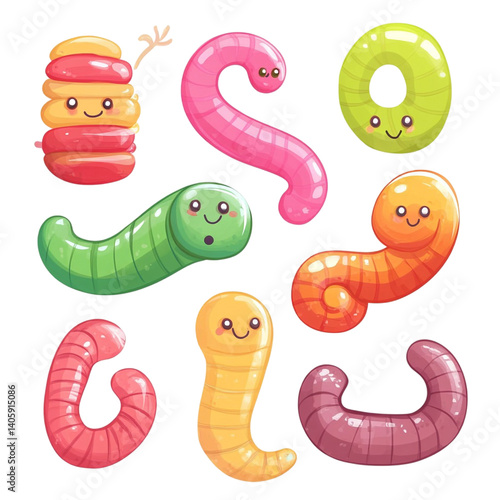 Cute cartoon gummy worms candy characters in various colors shapes and expressions