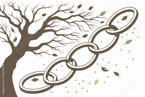 44 Surreal wooden chain link, intertwined tree branches forming a circle, organic ring sculpture, nature-inspired art, floating leaves, white background, hyperrealistic texture, high detail bark, symb
