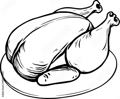 Roasted Chicken Illustration A Detailed Line Drawing Of A Whole Roasted Chicken On A Platter