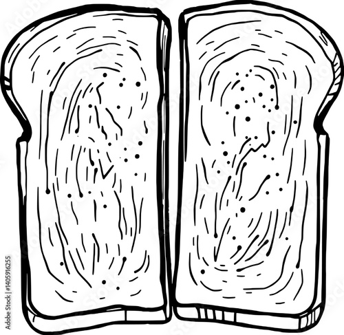 Hand-Drawn Illustration Of Two Slices Of Toasted Bread Separated Showing Detailed Texture And Crumbs