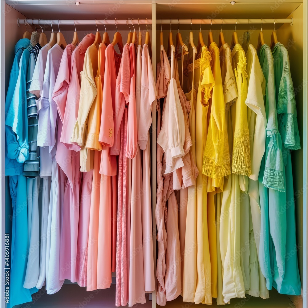 A visually striking image of a meticulously organized closet with color-coordinated clothing neatly arranged. The use of a bright and pastel color palette takes cues from the visual aesthetics A visually striking image of a meticulously organized closet with color-coordinated clothing neatly arranged. The use of a bright and pastel color palette takes cues from the visual aesthetics