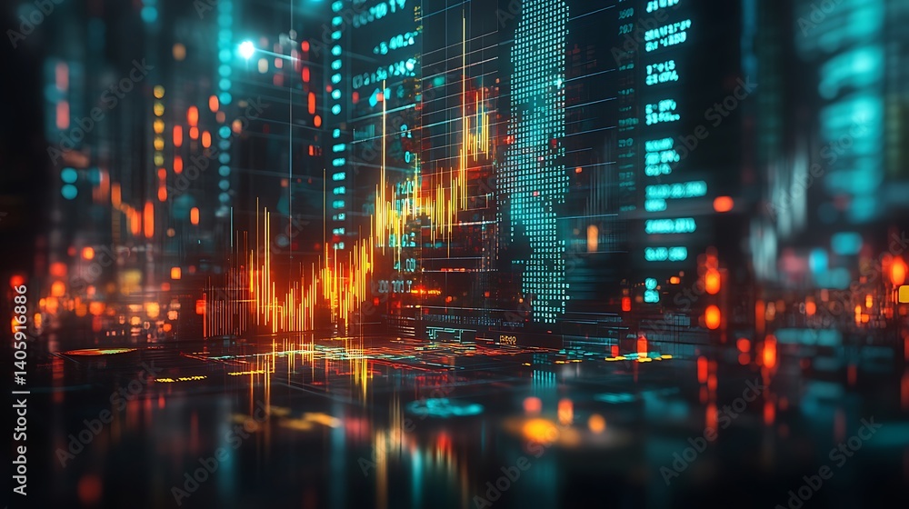 Obraz premium Futuristic Financial Market with Digital Graphs and Coins, Futuristic financial market scene with digital graphs and stacks of coins