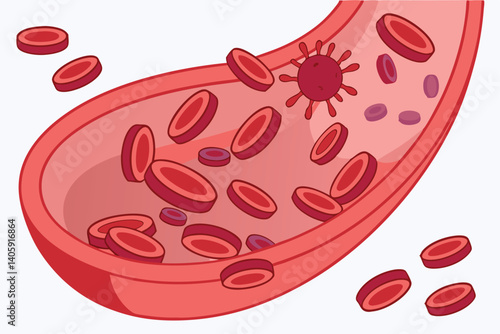 45 Medical illustration, cross-section of blood vessel, red blood cells, circular composition, vibrant red color, scientific visualization, anatomical detail, microscopic view, health and biology conc
