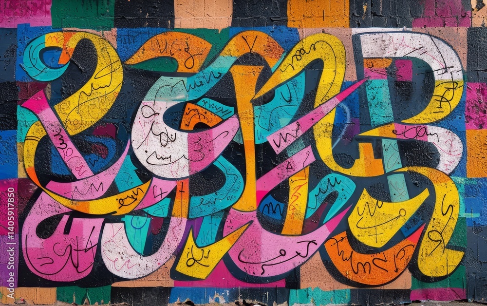 Obraz premium A vibrant and edgy piece of graffiti calligraphy on an urban wall, blending traditional calligraphic techniques with modern street art. The bold, colorful letters and intricate designs make the piece 