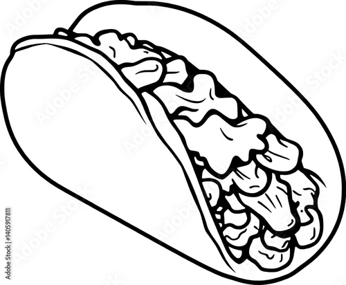 Delicious Line Art Illustration Of A Single Taco Filled With Seasoned Meat And Sauce