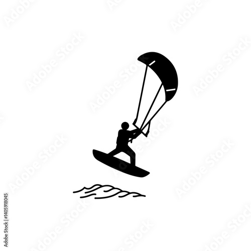 Kiteboarder in Air with Board Angled and Kite Above Black Icon