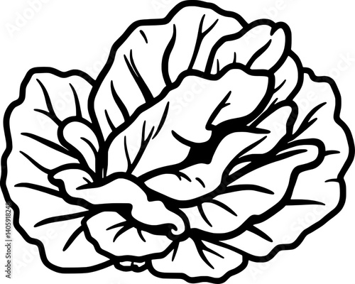 A Detailed Line Drawing Of A Single Head Of Cabbage