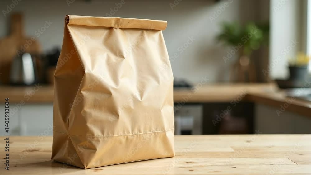 Brown paper lunch bag with folded top sitting on wooden table, natural light, home kitchen setting, concept of eco-friendly food packaging Brown paper lunch bag with folded top sitting on wooden table, natural light, home kitchen setting, concept of eco-friendly food packaging