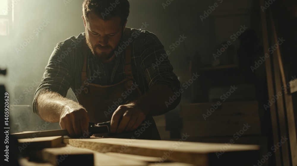 Carpenter cutting wood planks in a workshop. Featuring precision and craftsmanship Carpenter cutting wood planks in a workshop. Featuring precision and craftsmanship