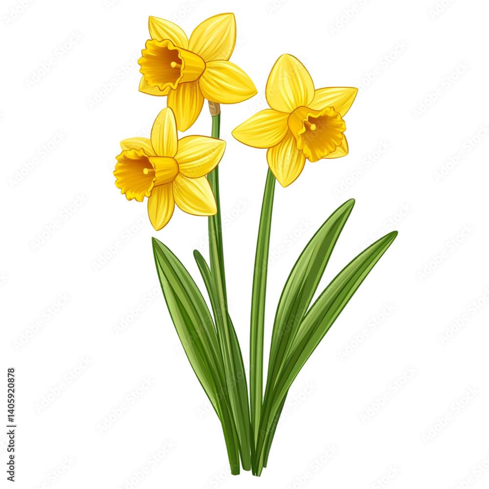 Three yellow daffodils with green leaves a spring bouquet Three yellow daffodils with green leaves a spring bouquet