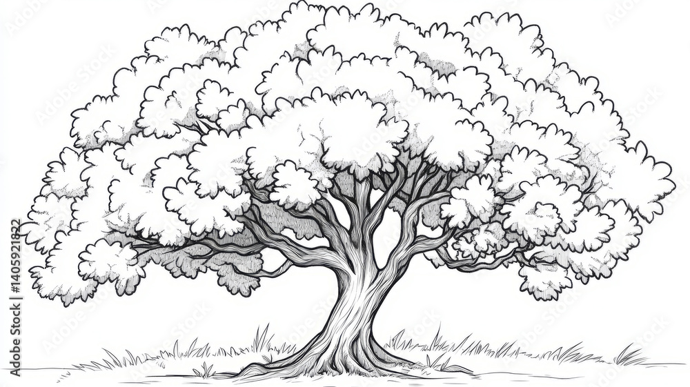 Fototapeta premium Black and white sketch of a large tree with detailed foliage.
