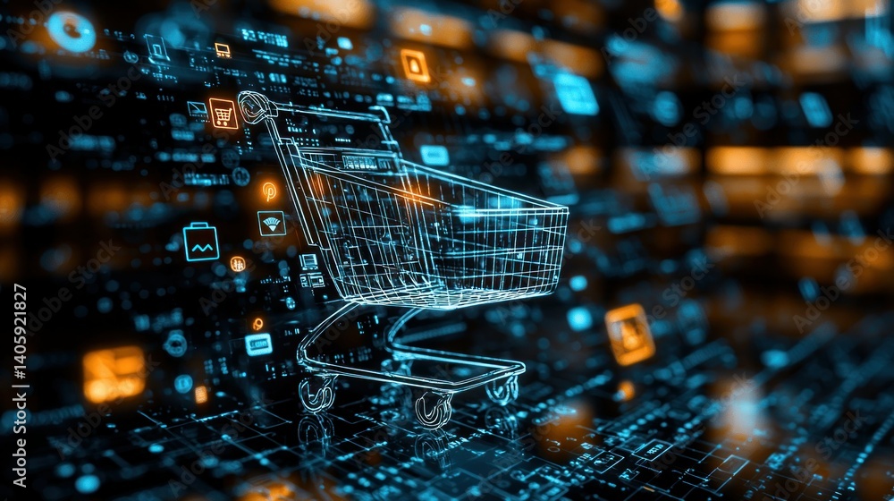 Digital shopping cart, abstract representation of e-commerce. A wireframe shopping cart is superimposed on a data-rich background with various icons