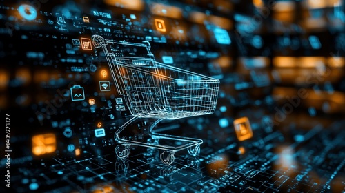 Obraz na płótnie Digital shopping cart, abstract representation of e-commerce. A wireframe shopping cart is superimposed on a data-rich background with various icons w salonie