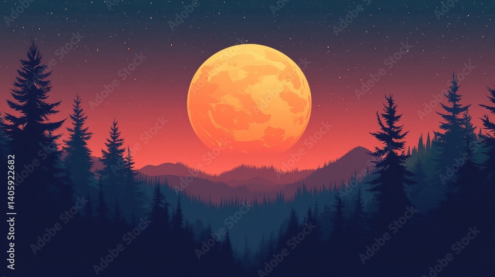 A large full moon with silhouettes of trees in the foreground, vector... illustration A large full moon with silhouettes of trees in the foreground, vector... illustration