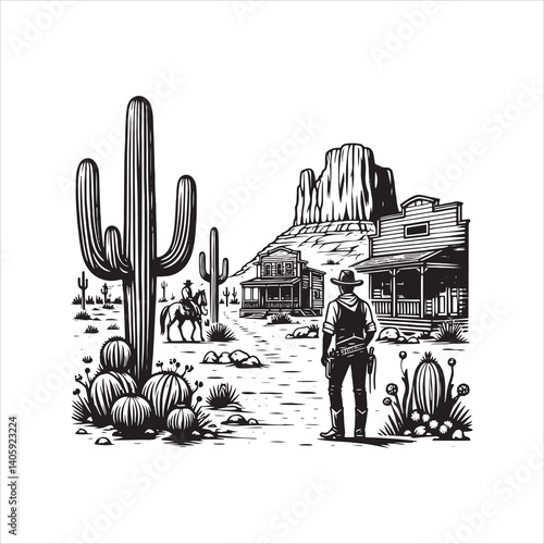 Title: Western Valley Landscape with Horse Rider and Cactus
