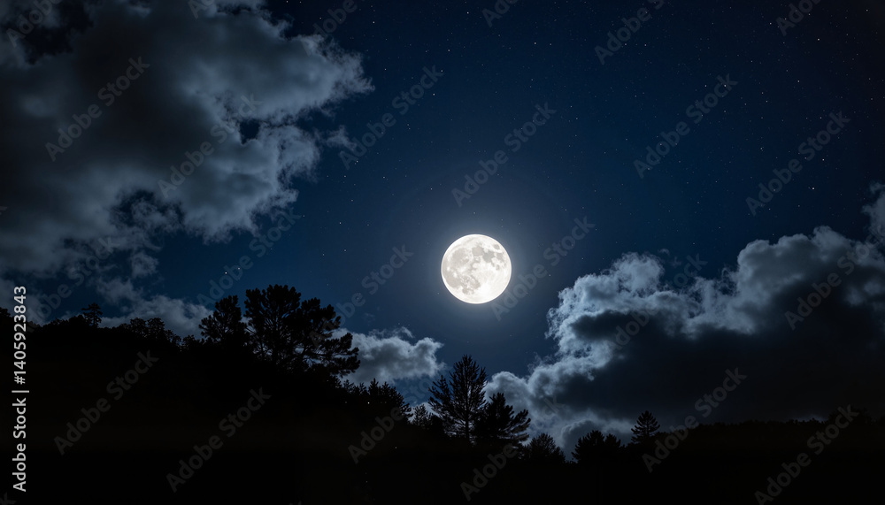 Full Moon Illuminating Starry Sky with Silhouetted Trees for Nature Blogs, Astronomy Websites, Nighttime Photography, and Social Media Posts Full Moon Illuminating Starry Sky with Silhouetted Trees for Nature Blogs, Astronomy Websites, Nighttime Photography, and Social Media Posts
