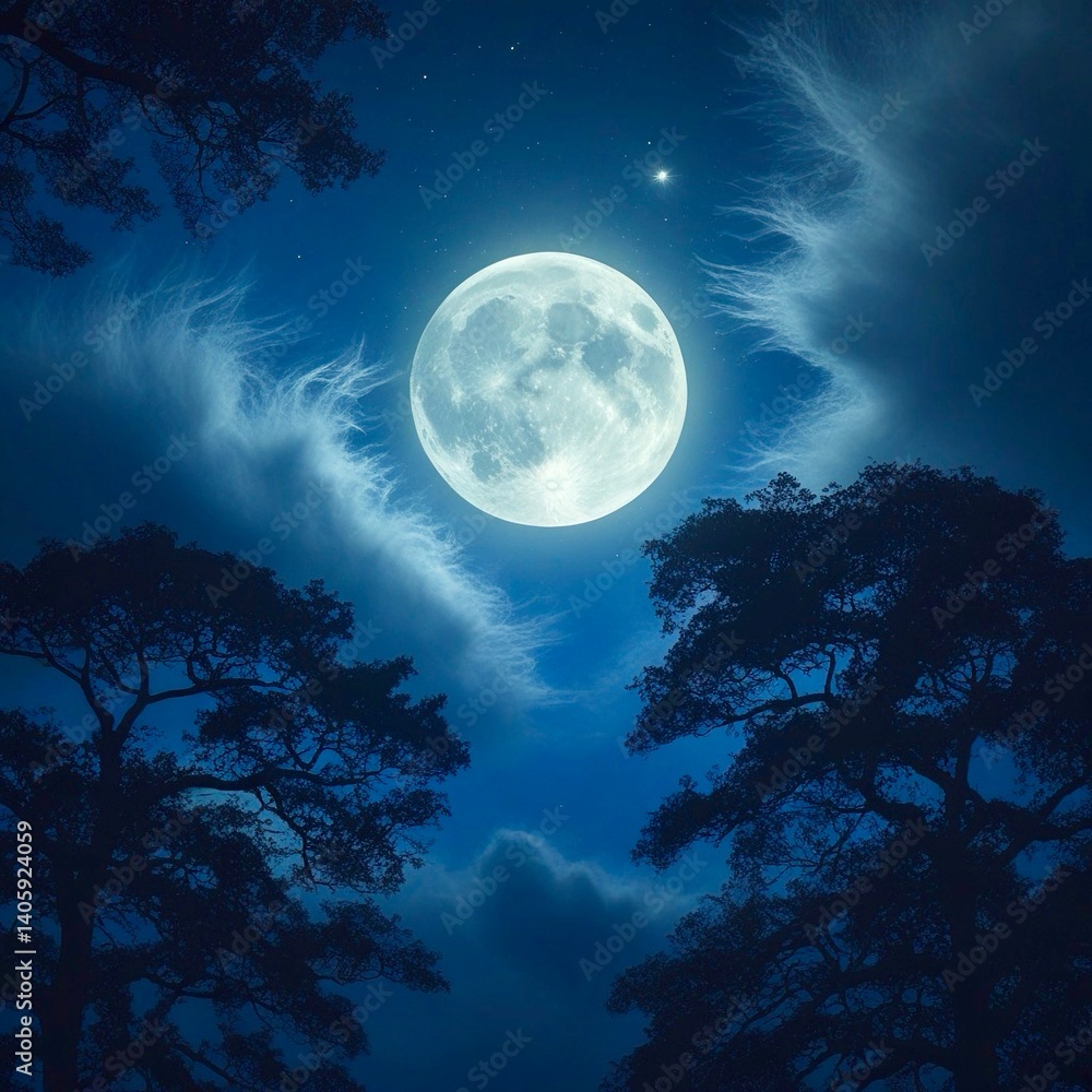 Full moon in a night sky with clouds and silhouetted trees.

