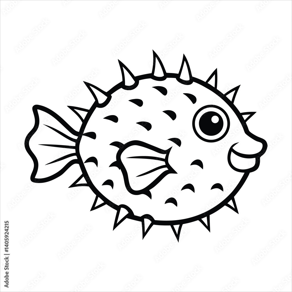 Fototapeta premium Black and White Cartoon Drawing of a Happy Pufferfish for Coloring