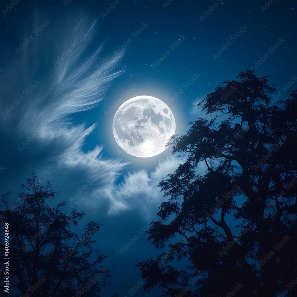 Naklejka premium Full moon in a night sky with clouds and silhouettedo trees.