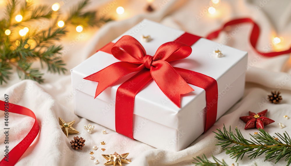 Elegant White Gift Box with Red Bow on Festive Fabric Background for Holiday Marketing, Gift Giving Ideas, Family Celebrations, and Social Media Content Elegant White Gift Box with Red Bow on Festive Fabric Background for Holiday Marketing, Gift Giving Ideas, Family Celebrations, and Social Media Content