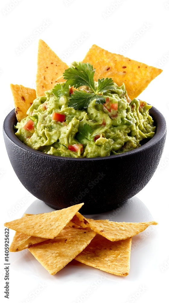 Bowl of guacamole with fresh avocado, tomatoes, and cilantro served with nachos on white background in traditional Mexican appetizer presentation Bowl of guacamole with fresh avocado, tomatoes, and cilantro served with nachos on white background in traditional Mexican appetizer presentation
