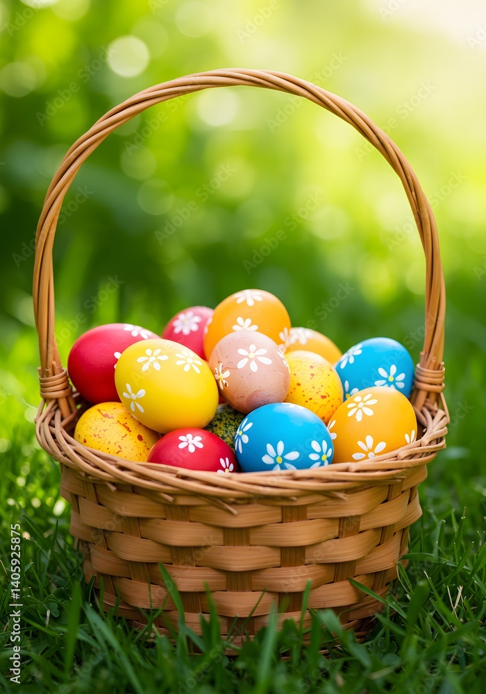 Beautiful Basket of painted easter eggs on a grass garden vibrant pastel colors Beautiful Basket of painted easter eggs on a grass garden vibrant pastel colors