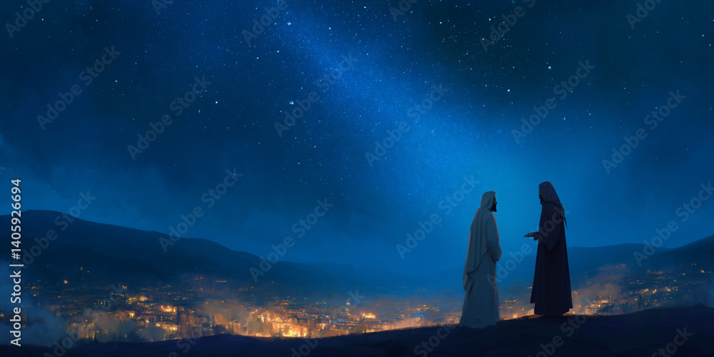 Fototapeta premium Conversation Between Jesus and Nicodemus at Night Under the Starry Sky