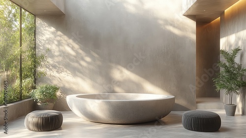 Minimalist interior with a round tub, two ottomans, and leafy plants in a bright, sunlit room