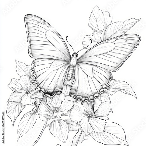Intricate black and white line art of a butterfly on flowers.