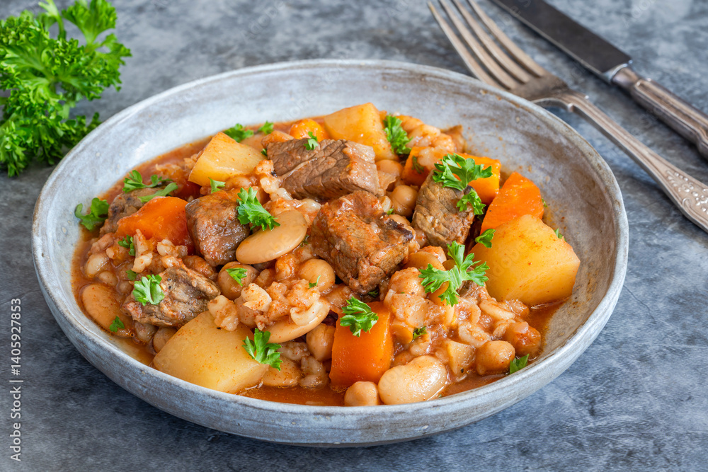 Cholent - traditional slow cooked Jewish stew of beef brisket, butter beans, chickpeas, pearl barley and root vegetables Cholent - traditional slow cooked Jewish stew of beef brisket, butter beans, chickpeas, pearl barley and root vegetables