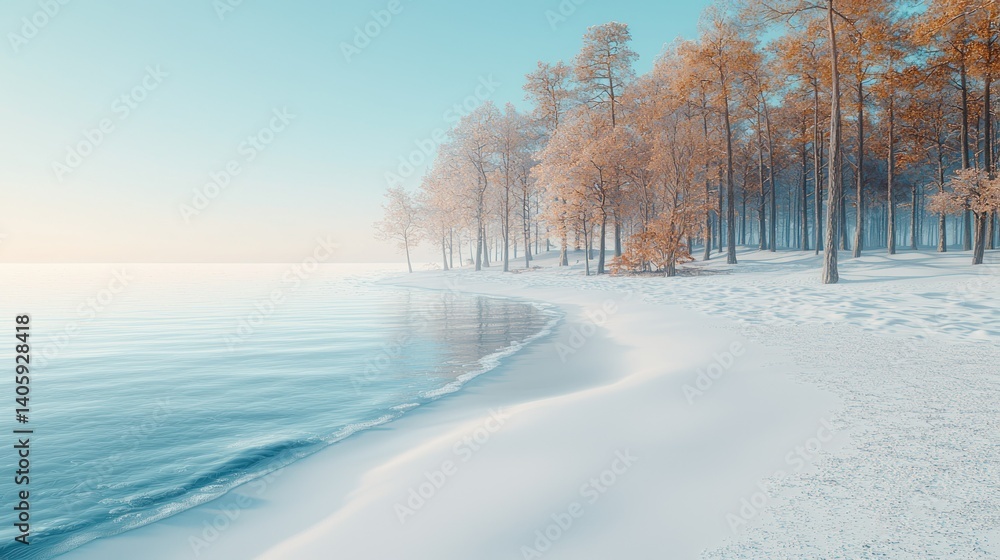 Obraz premium Winter wonderland beach scene. Tranquil, frosted forest shoreline meets tranquil water