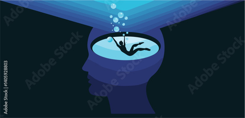 Head silhouette with a scene inside depicting someone drowning being rescued with a lifebuoy
