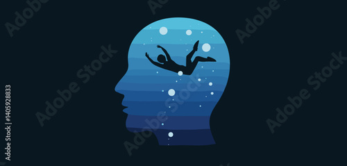 Head silhouette with a scene inside depicting someone drowning being rescued with a lifebuoy
