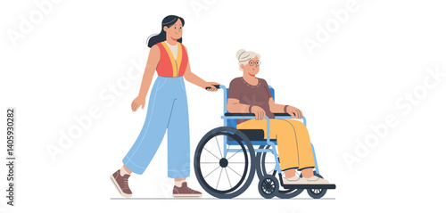 Caregiver assisting a senior woman in a wheelchair