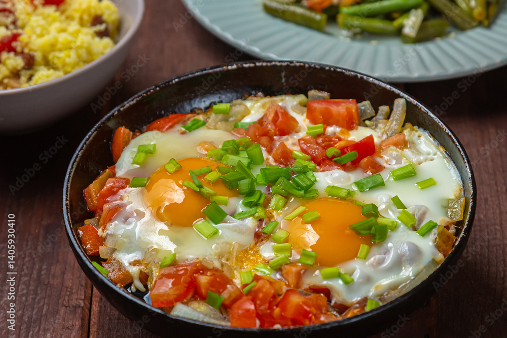 Shakshuka Jewish dish of eggs with tomatoes and green onions Shakshuka Jewish dish of eggs with tomatoes and green onions