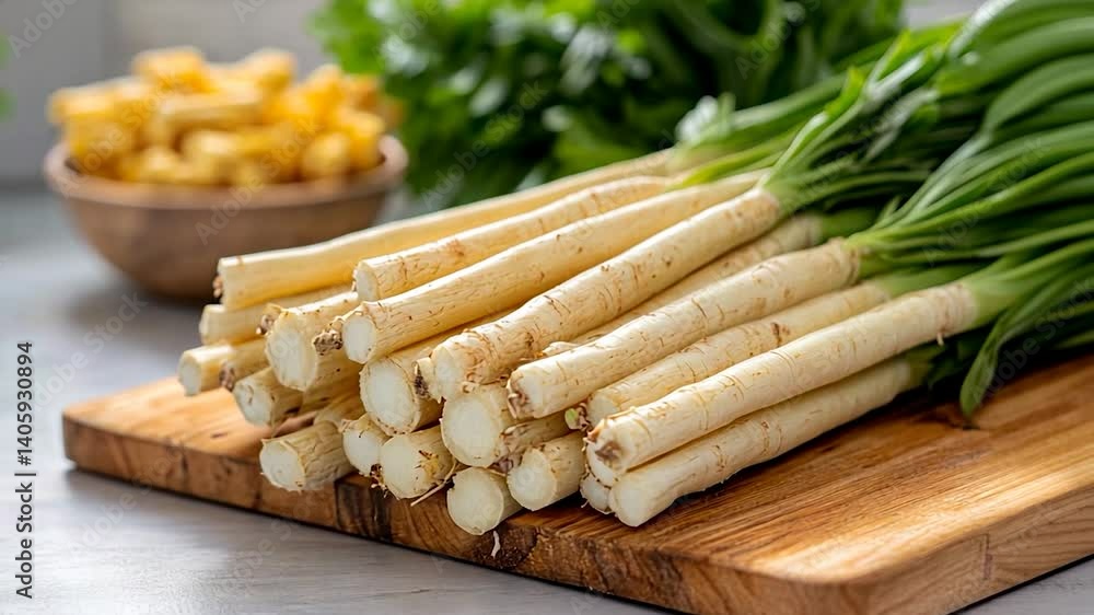 Freshly harvested parsnips arranged on a wooden cutting board with herbs in the background Freshly harvested parsnips arranged on a wooden cutting board with herbs in the background