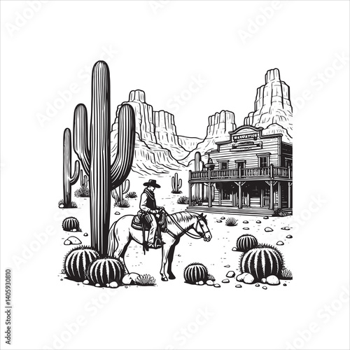 Title: Western Valley Landscape with Horse Rider and Cactus