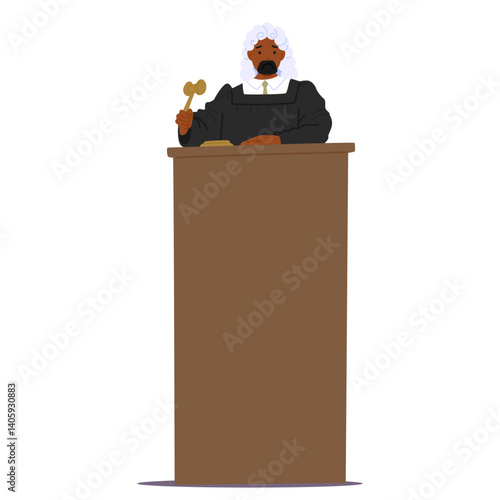 Man judge cartoon character wearing uniform holding gavel standing behind podium isolated on white