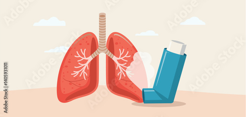 Illustration of lungs and an inhaler, asthma treatment concept

