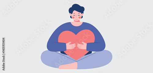Person sitting cross-legged and holding a large heart to their chest, self-love concept
