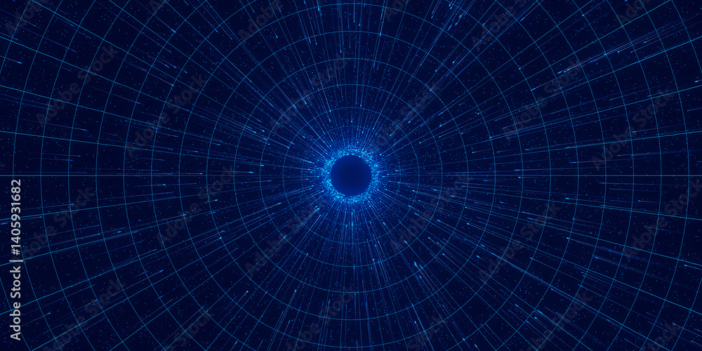 Obraz premium Abstract flow of data in cyber wormhole. Quantum computing information vortex. Digital singularity.