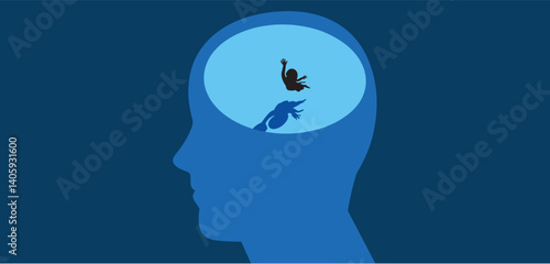 Head silhouette with a scene inside depicting someone drowning being rescued with a lifebuoy
