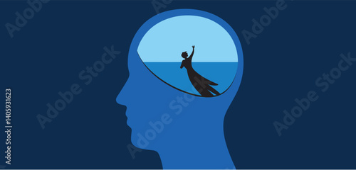 Head silhouette with a scene inside depicting someone drowning being rescued with a lifebuoy
