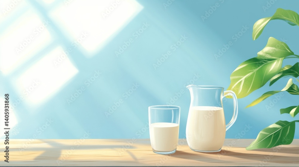 Milk in jug and glass on wooden table and blue background. Concept of farm dairy products, milk day. Kitchen or supermarket mock up for design. Copy space. illustration Milk in jug and glass on wooden table and blue background. Concept of farm dairy products, milk day. Kitchen or supermarket mock up for design. Copy space. illustration