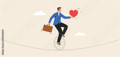 Businessman riding a unicycle on a tightrope while holding a briefcase and a glowing heart
